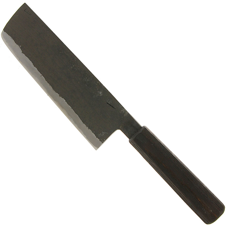 Couteau de cuisine Nakiri forgé par Bryan Raquin avec manche en chêne fumé.