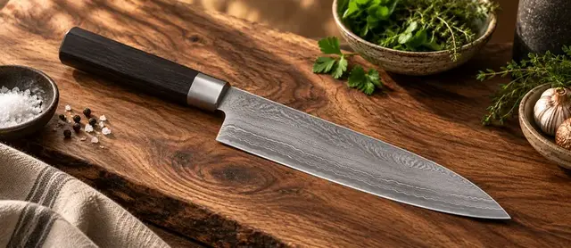 Un cuchillo de cocina japonés sobre una tabla de madera